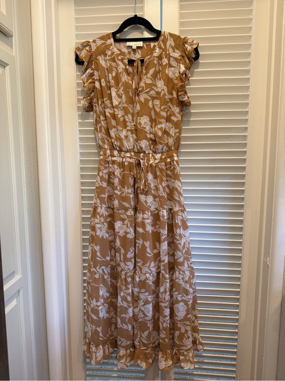 Pinch burnt Tan Floral Midi Dress with Ruffle Sleeves